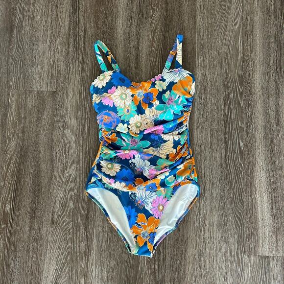 EUC Profile by Gottex Rising Sun One Piece Swimsuit D-Cup Blue Floral Ruched - Picture 3 of 15